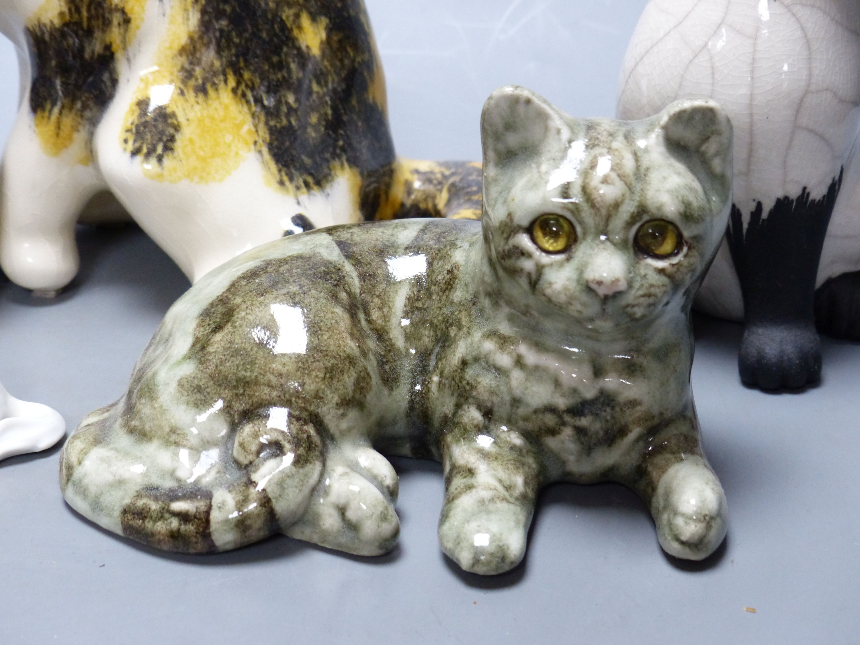 Two Winstanley ceramic cats, three others and a dog, tallest 23cm